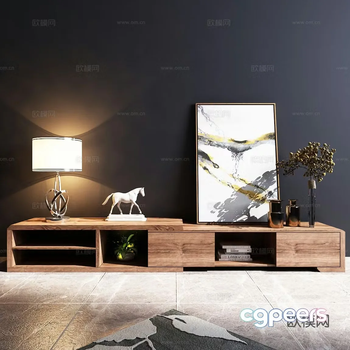 Modern TV cabinet desk lamp decorative painting sculpture jewelry carpet model 3d model
