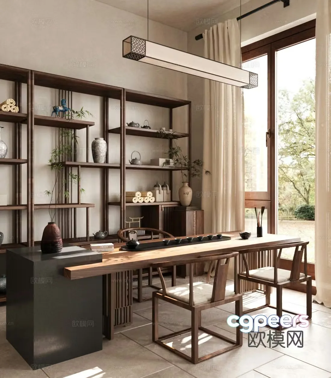 New Chinese-style tea room tea table and chair combination tea cabinet solid wood high cabinet tea set 3D model