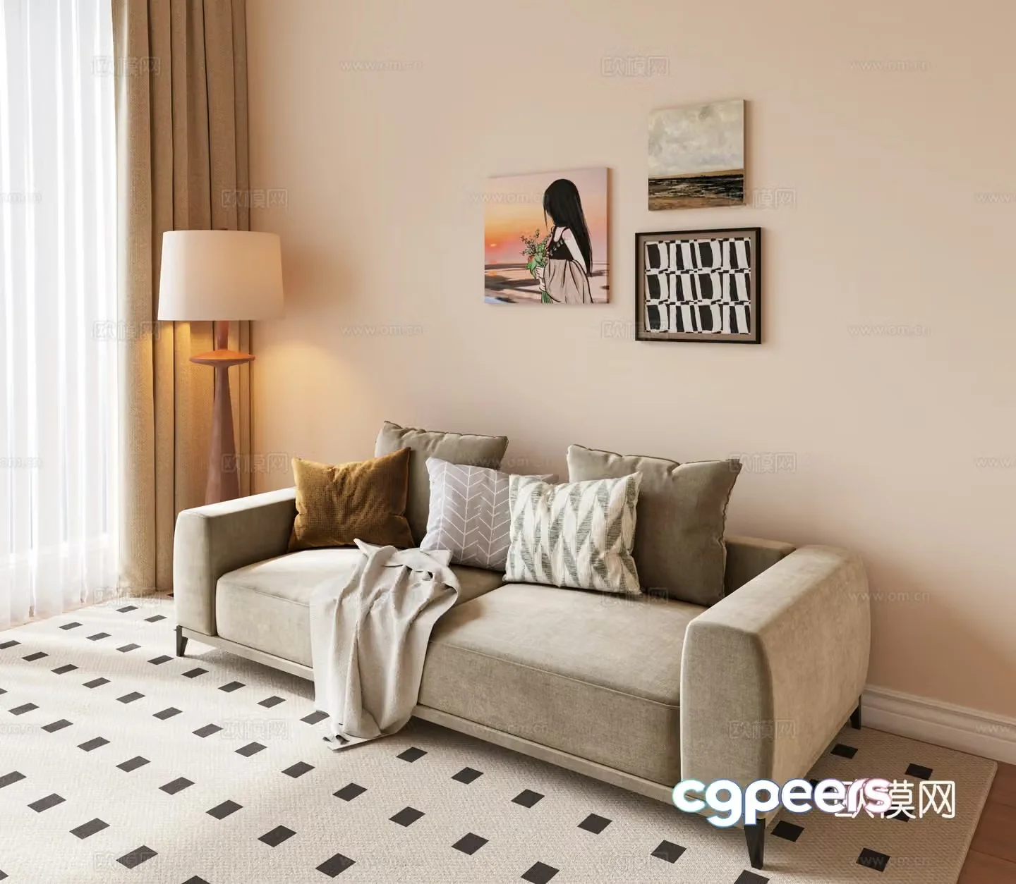 Modern double sofa with handrails Fabric sofa Modern decorative painting Modern sofa Floor lamp 3d model