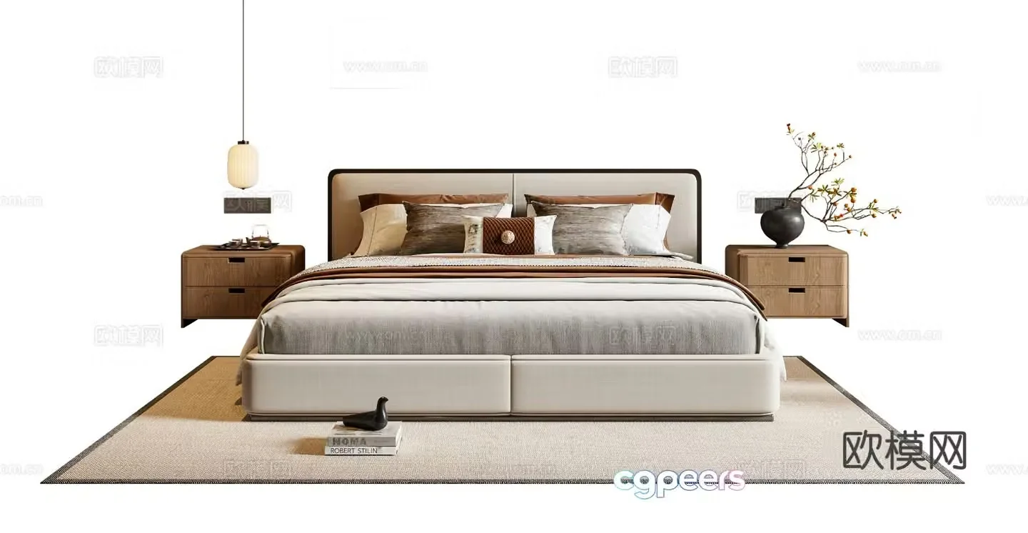 New Chinese style double bed fabric bed nightstand chandeliers carpet 3d model