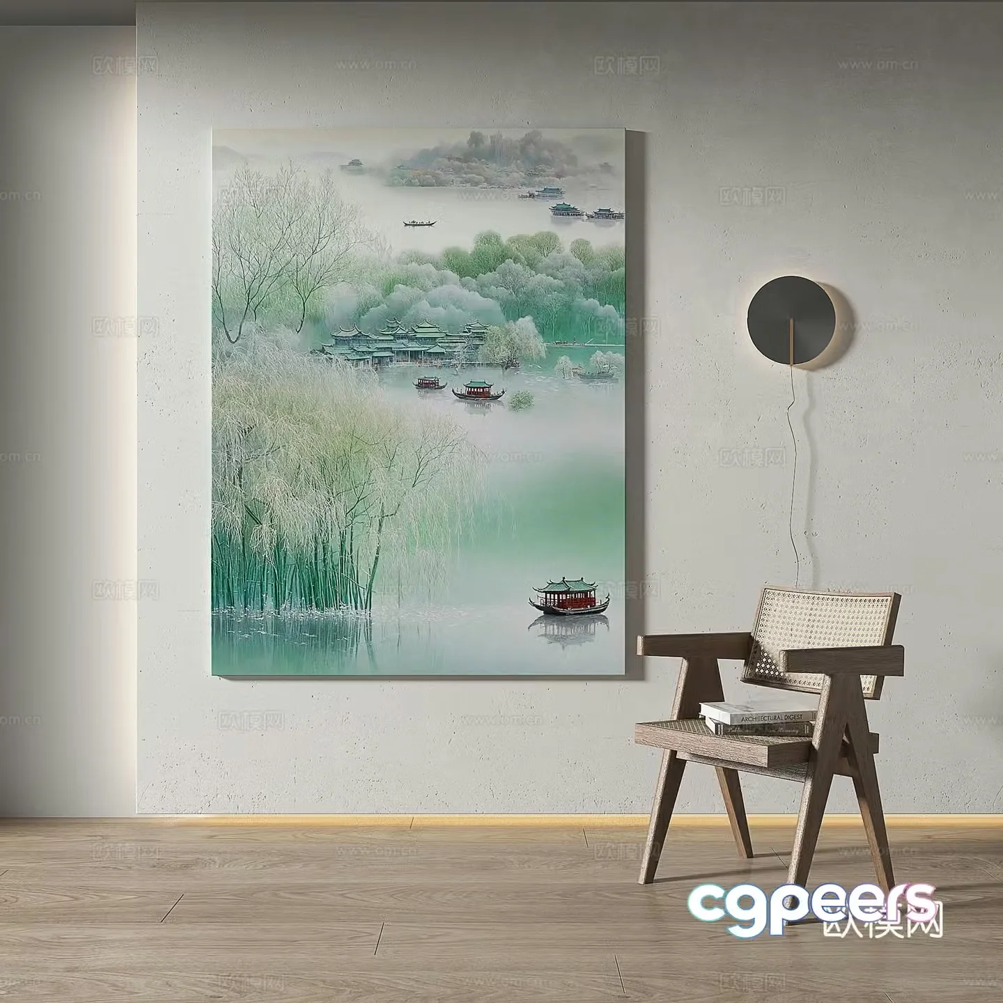 Modern Chinese style retro simple oil painting light luxury decorative painting 3d model