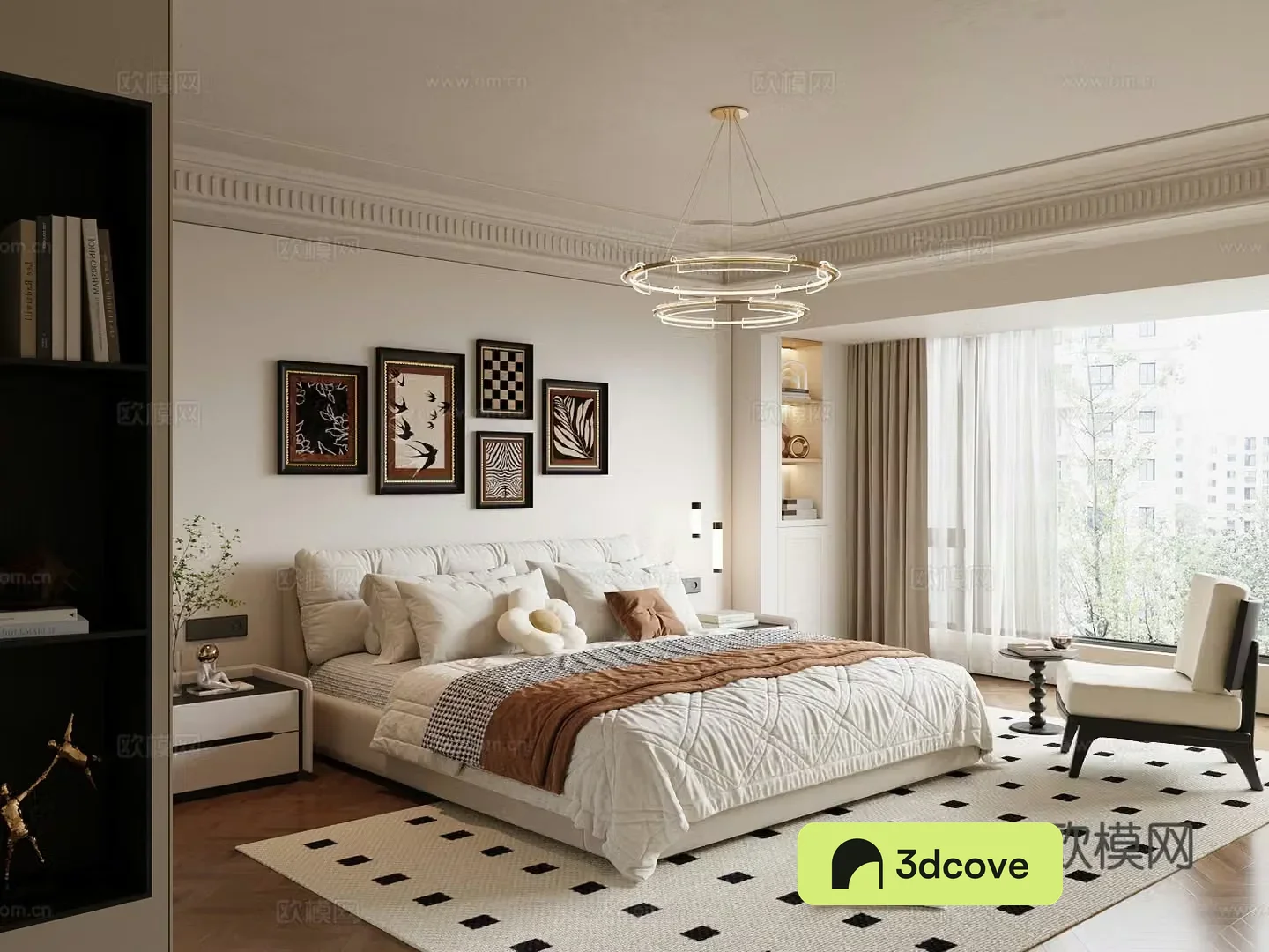 French creamy bedroom double bed nightstand