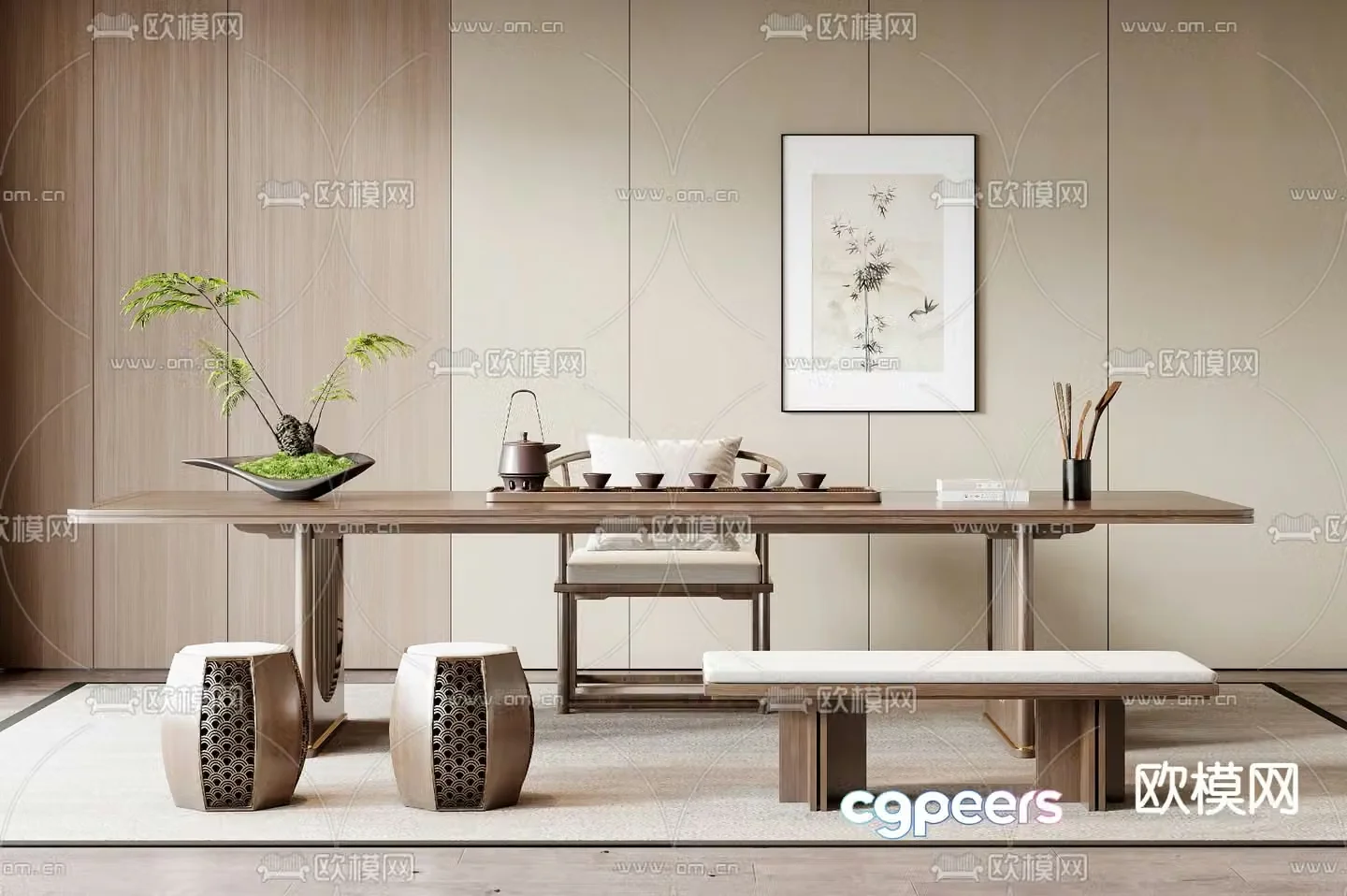New Chinese tea table and chairs 3d model