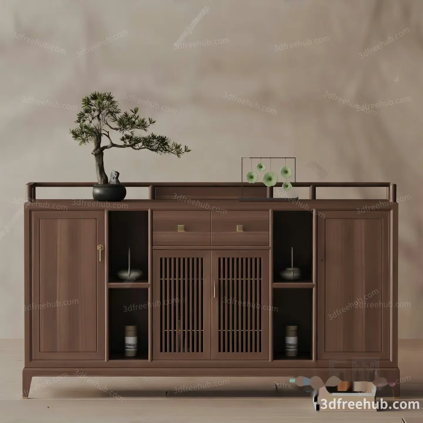 A Wooden Cabinet With A Bonsai Tree On Top 3D Model – 20266 – VRAY Render