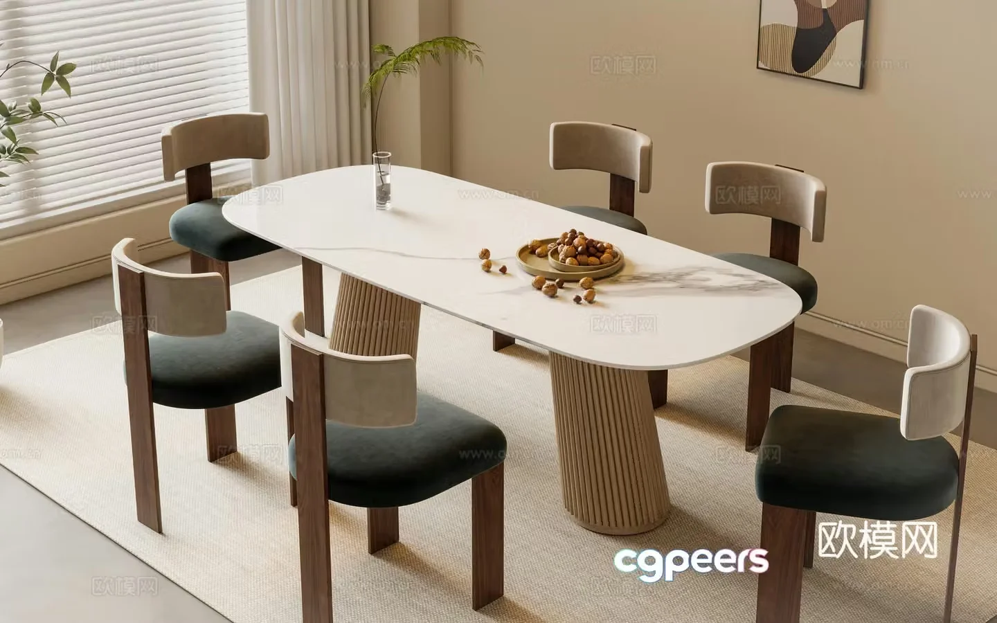 Wabi-sabi dining table and chairs marble dining table 3d model