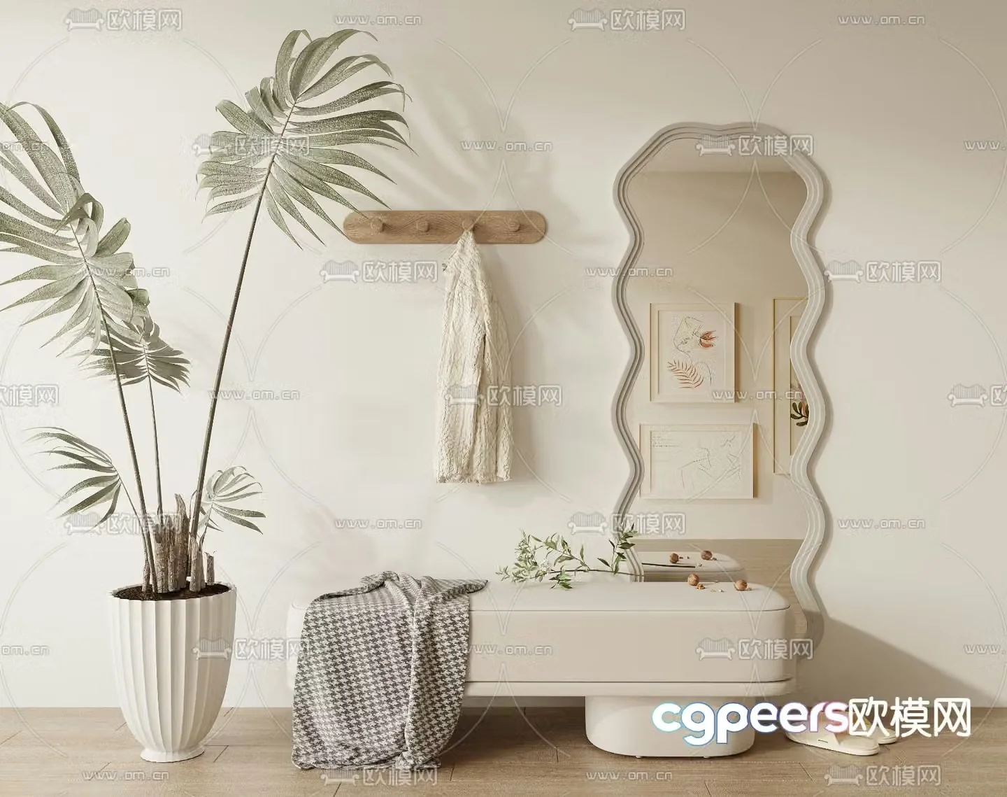 Stool shoe changing stool full-length mirror clothes hanger 3D model