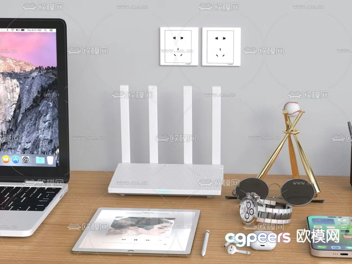 office supplies router computer mobile phone baseball tablet watch headphone 3d model