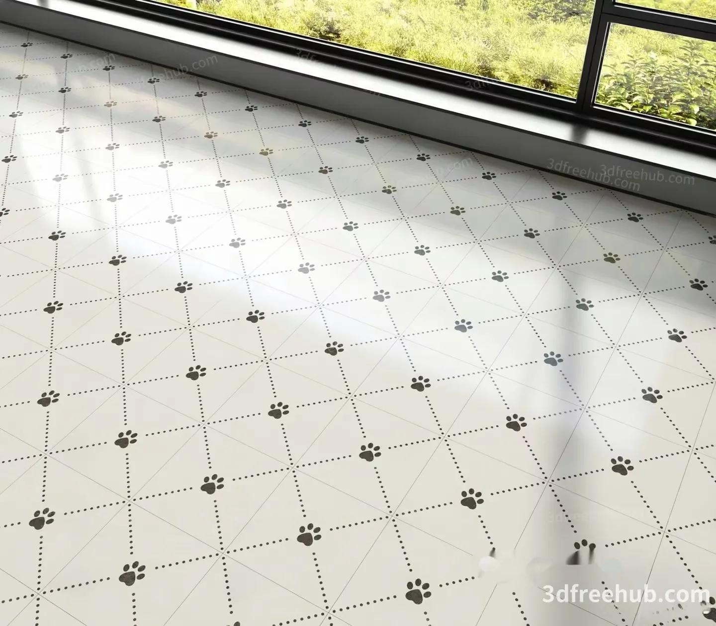 The Image Features A Room With A White Floor Adorned With Black Paw Prints 3D Model – 20909 – VRAY Render