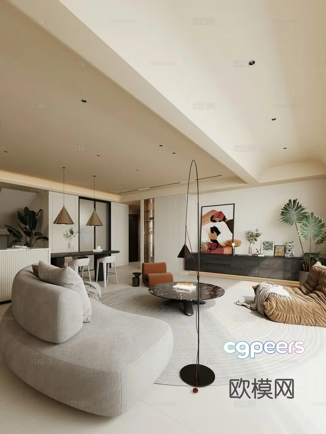 Creamy minimalist living and dining room sofa and coffee table combination dining table and chair combination TV cabinet round carpet 3D model