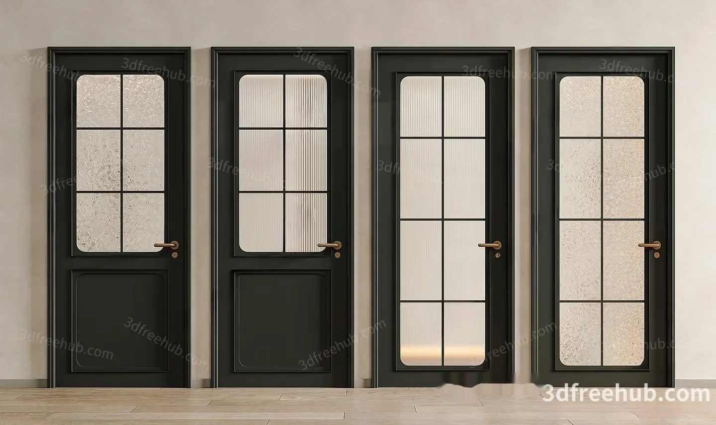 Four Black Doors With Glass Panels 3D Model – 21304 – VRAY Render