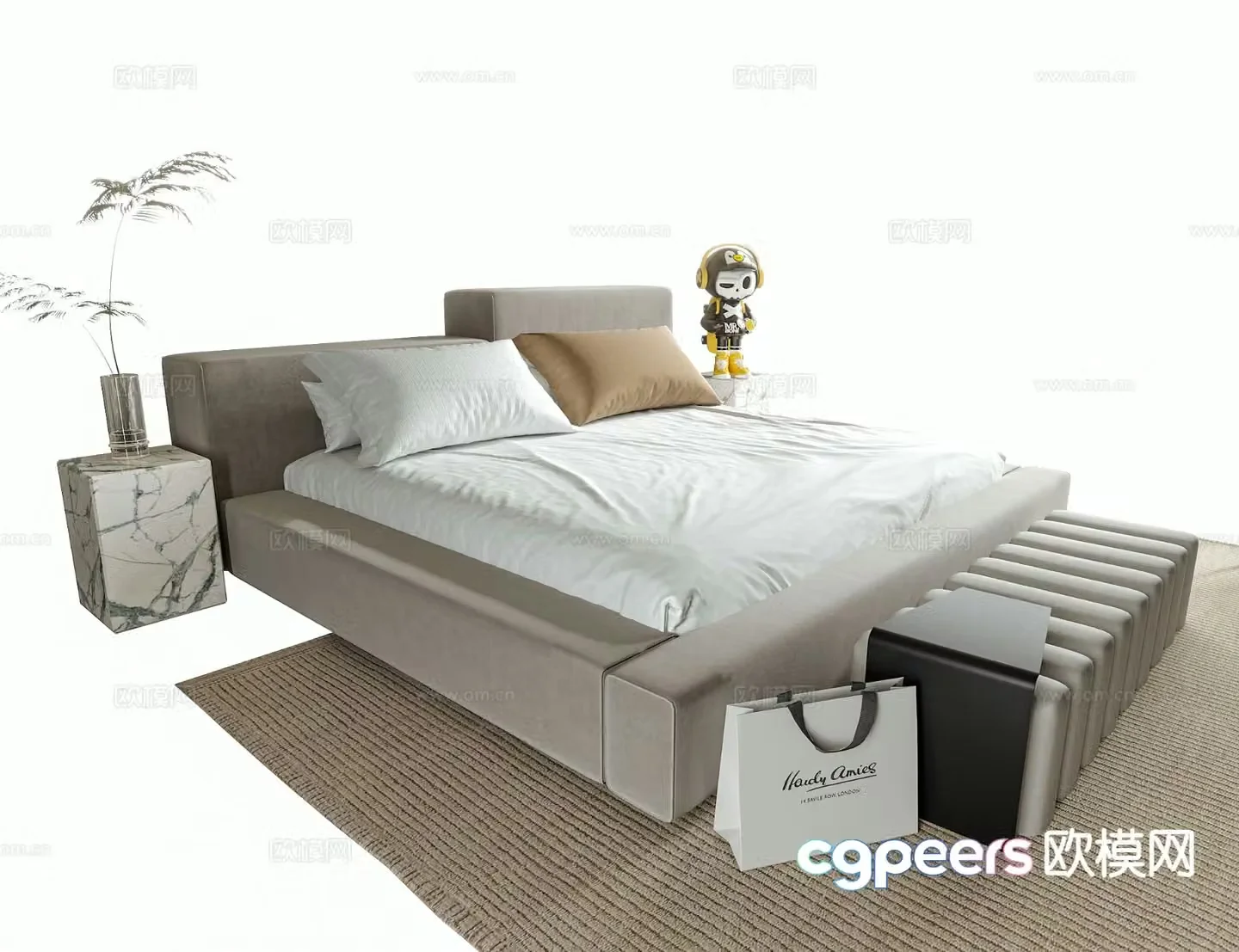 Modern double bed bedside stool bedding 3d model