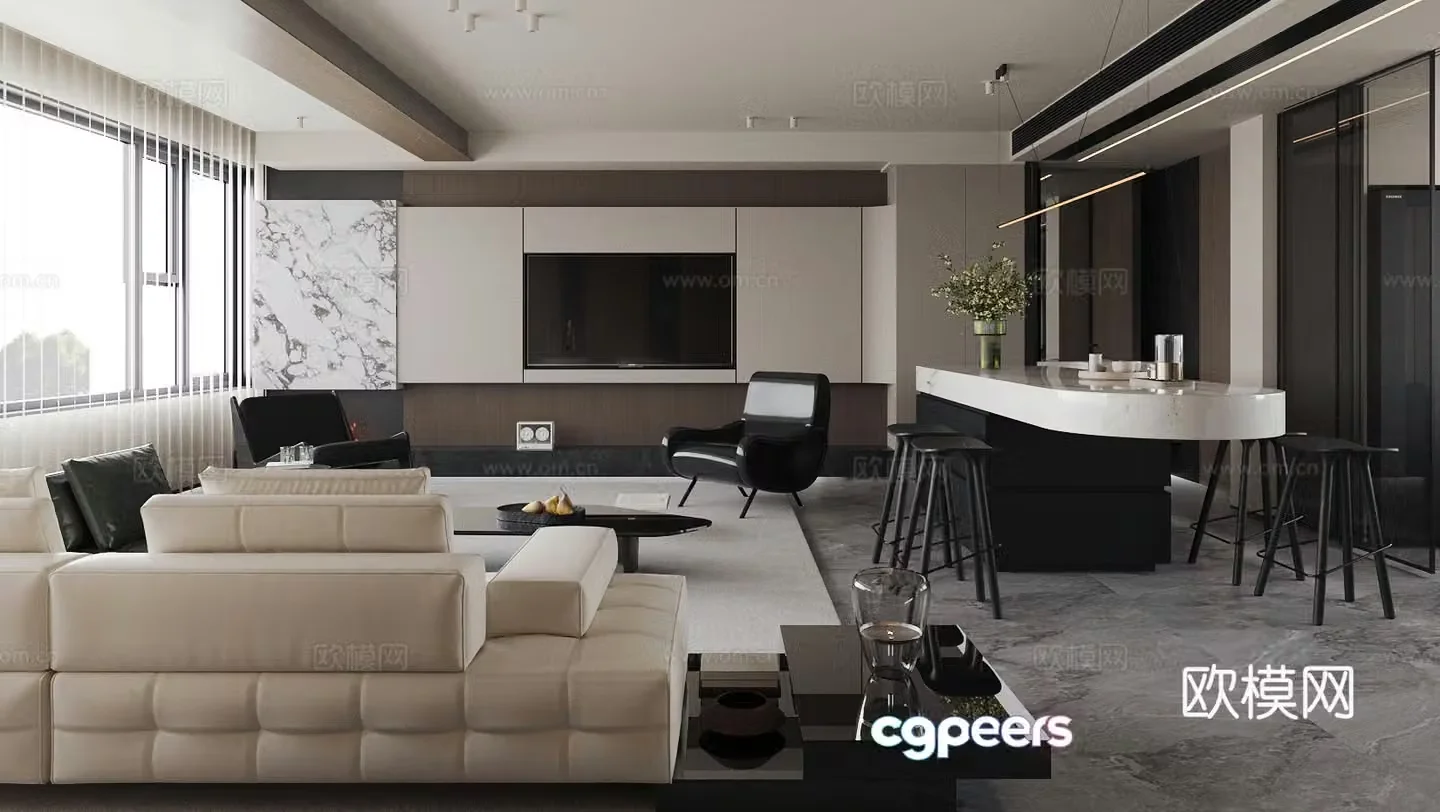 Light luxury Italian home living and dining room homeless lights modern living and dining room horizontal living and dining room 3D model