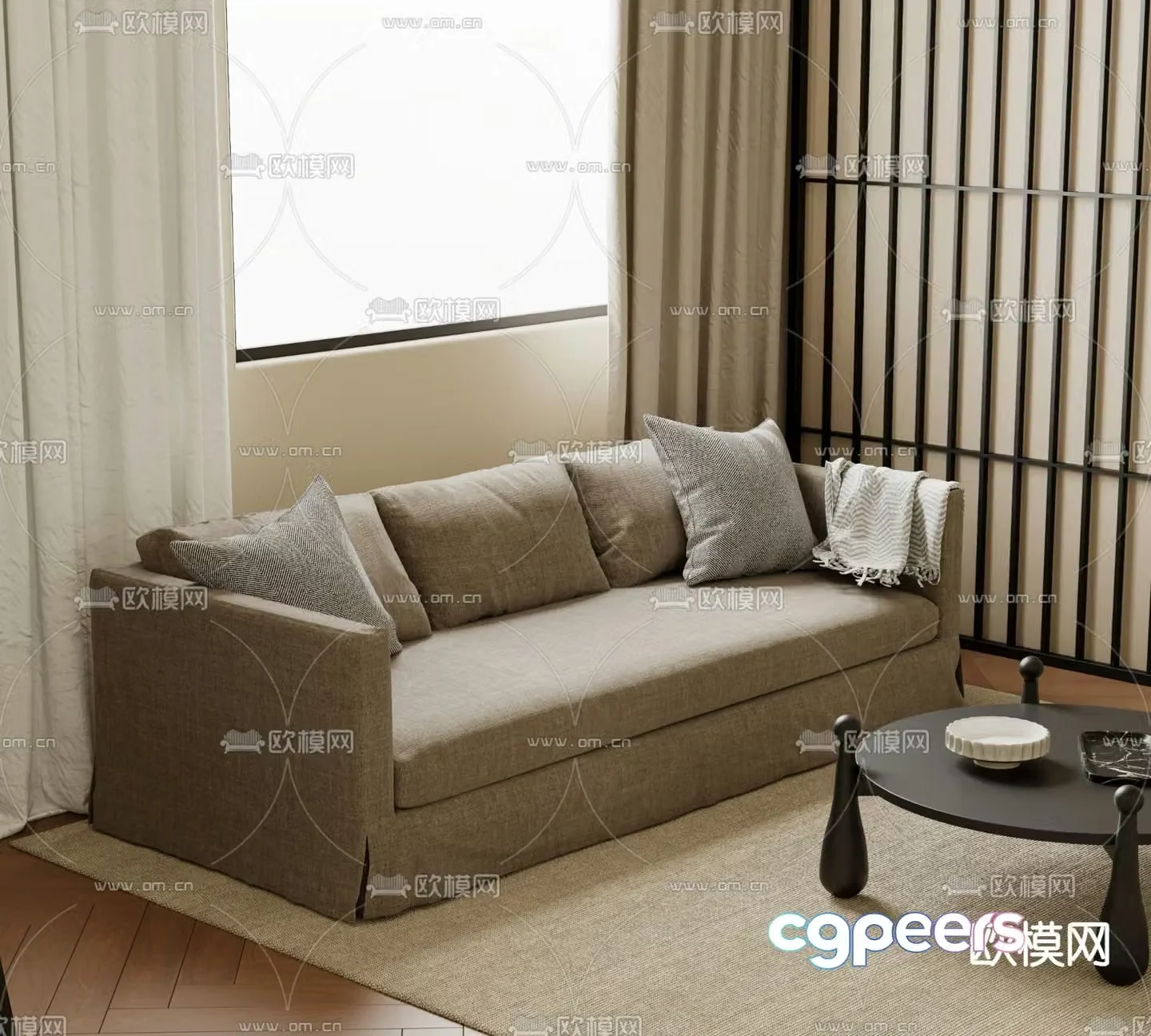 Wabi-sabi style three-seat sofa 3D model