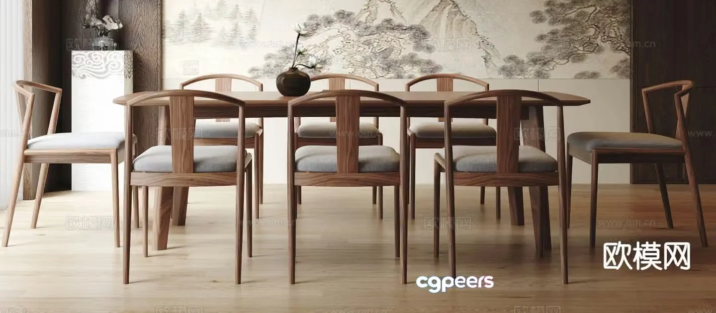New Chinese dining table and chairs 3d model