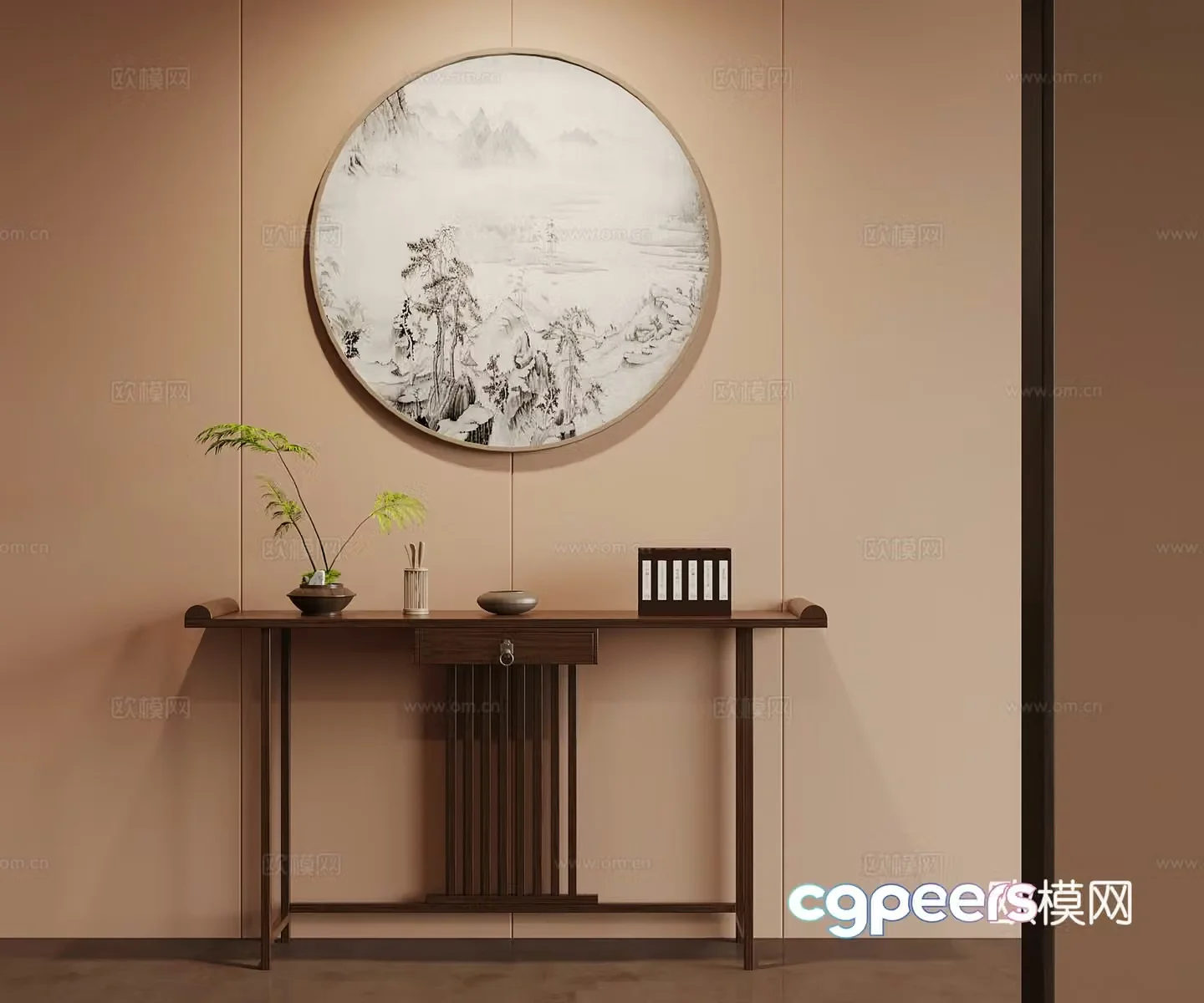 New Chinese style end viewing platform wall decoration green plant ornament 3D model