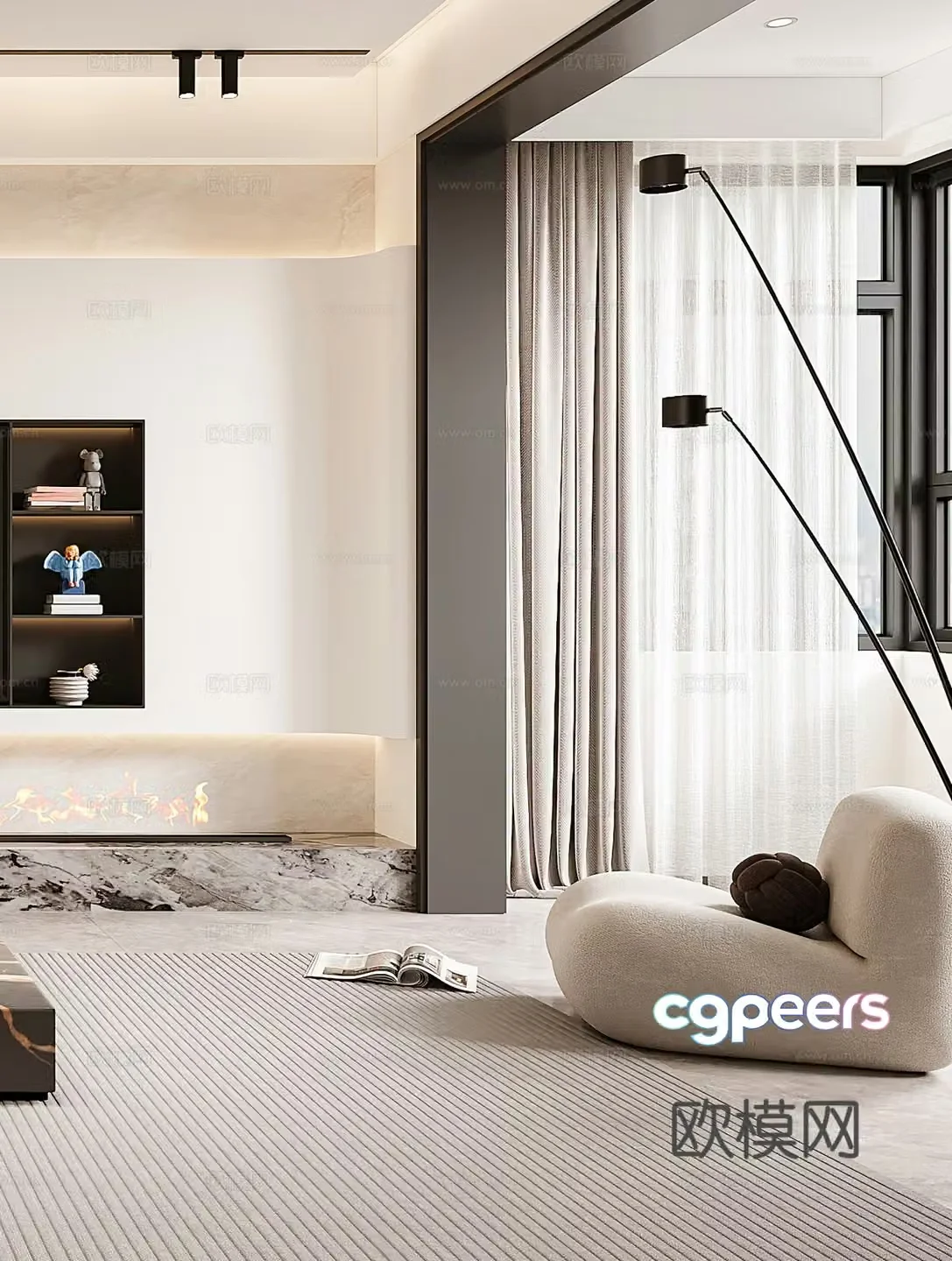 Modern leisure chair Cream style leisure chair Floor lamp Fireplace Side corner table Simple 3D model