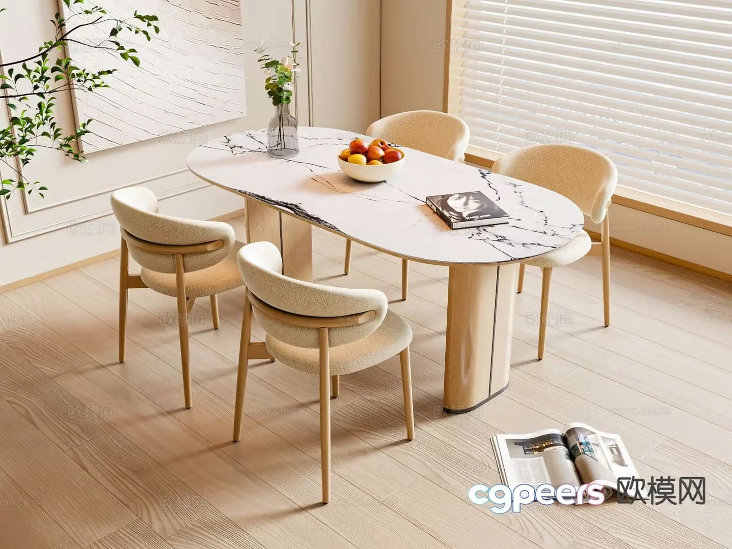 Cream style dining table and chairs oval dining table 3d model