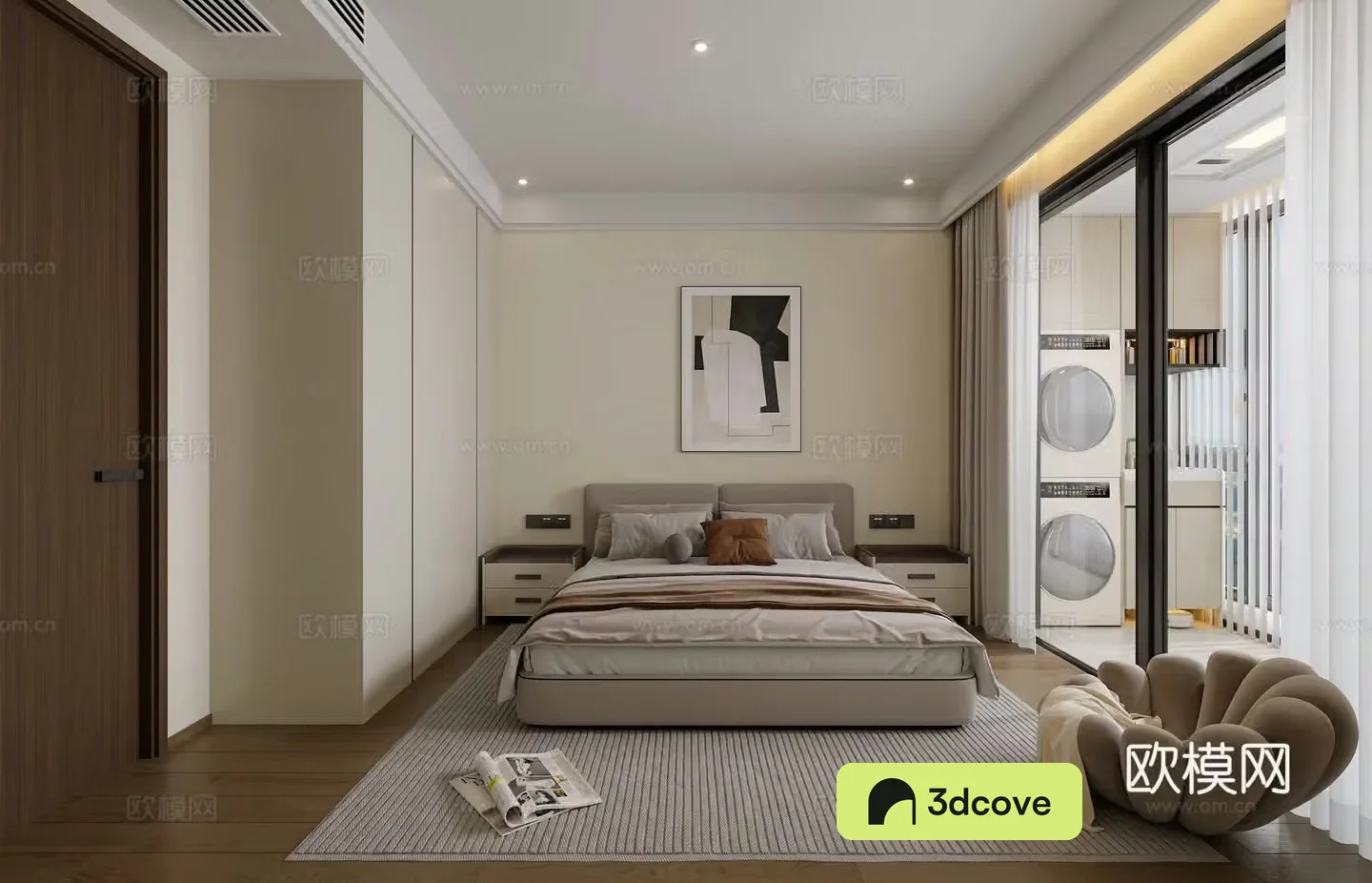 Modern simple home bedroom Modern simple bedroom Elderly room Balcony washing machine cabinet Elderly room