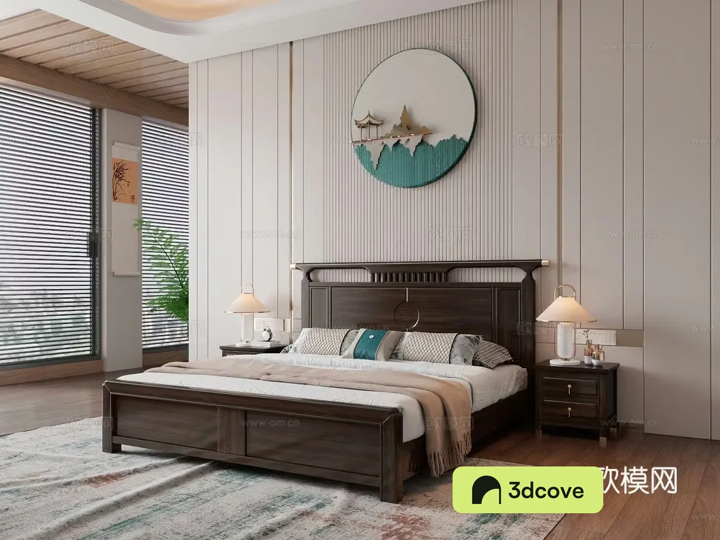 New Chinese style double bed Chinese style solid wood bed Wujin wood bed New Chinese style bedroom space Bedside table