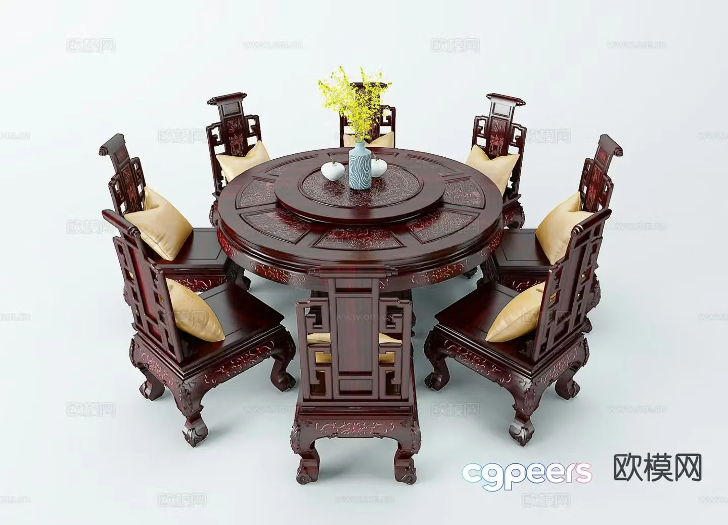 Chinese style dining table and chairs round dining table 3D model