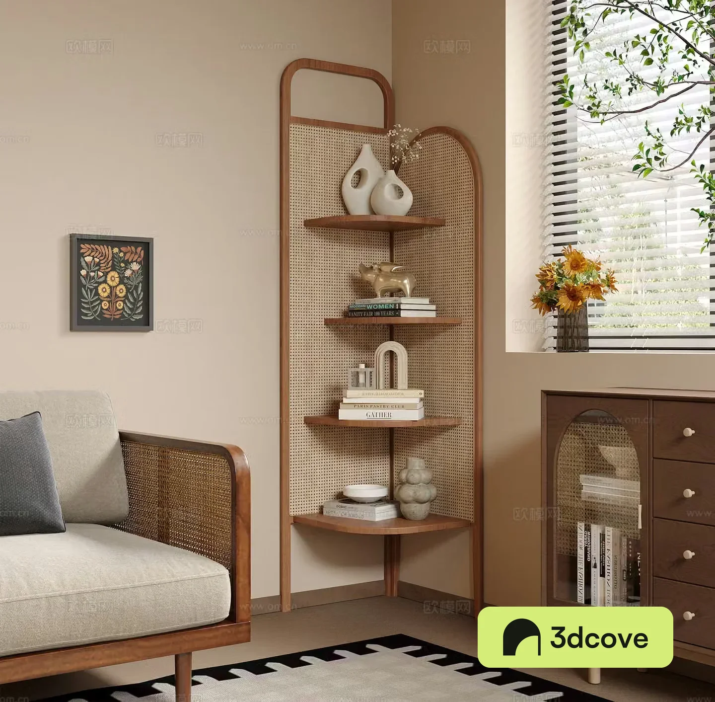 French medieval style rattan corner cabinet storage rack corner cabinet triangle cabinet