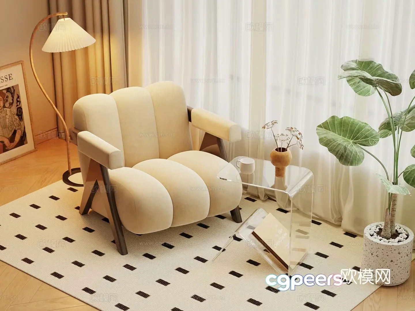Modern cream style leisure chair lazy sofa floor lamp 3d model