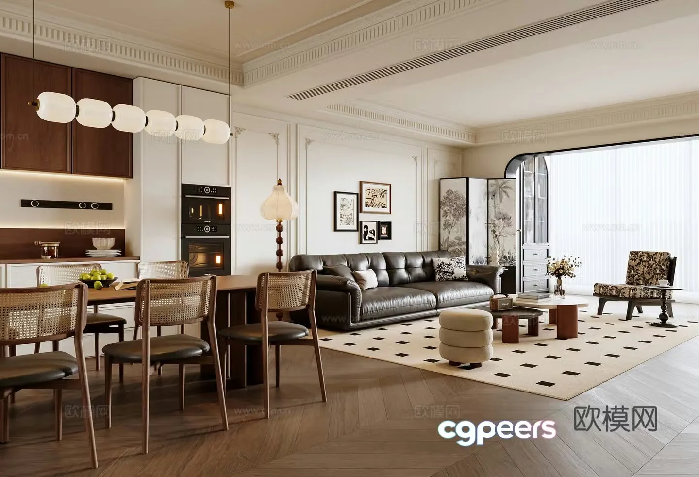 French living and dining room 3d model