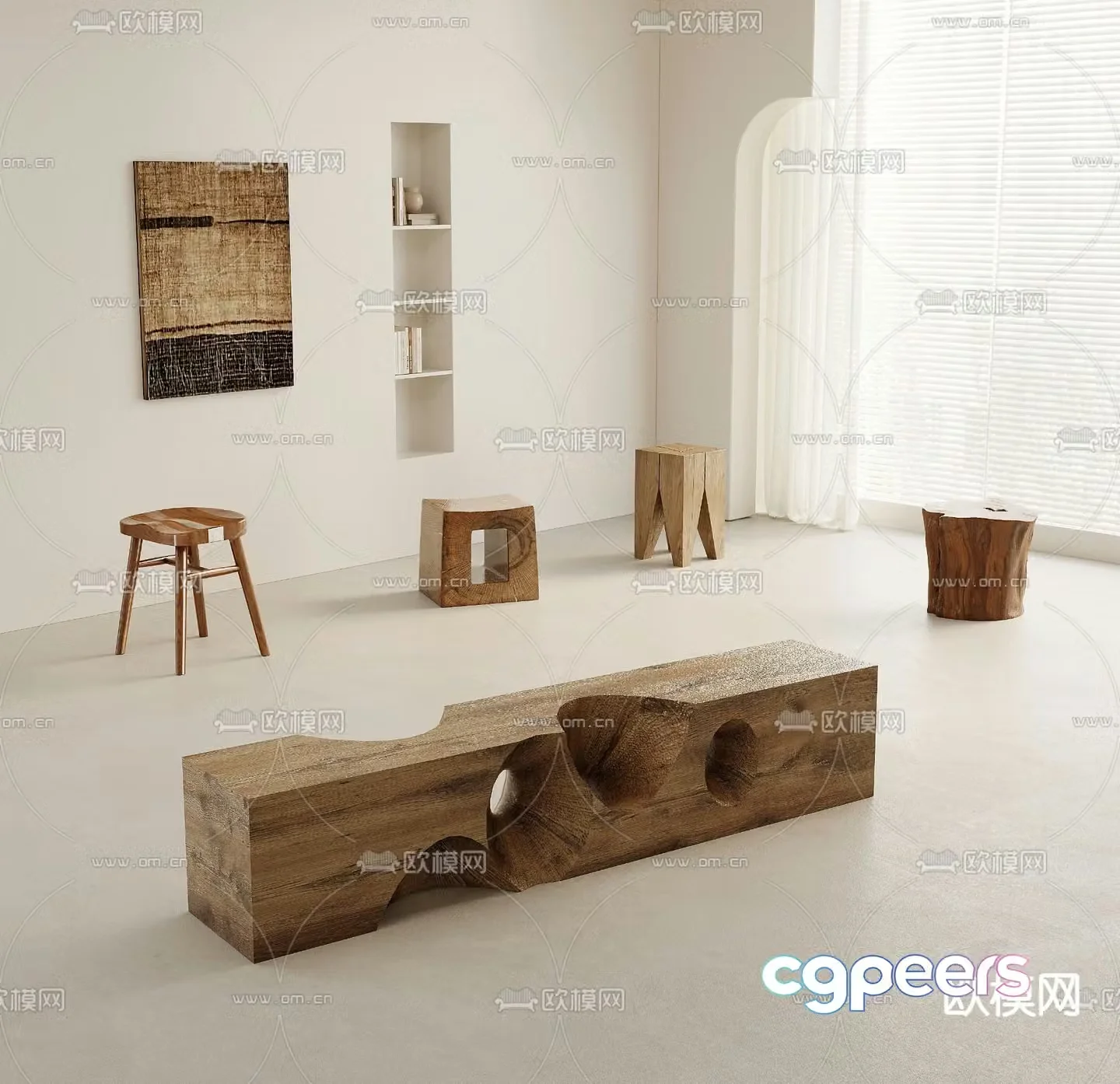 wabi-sabi stool wooden stool bench 3d model