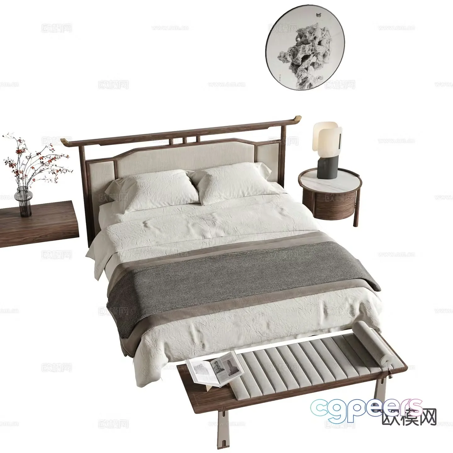 New Chinese style double bed 3d model