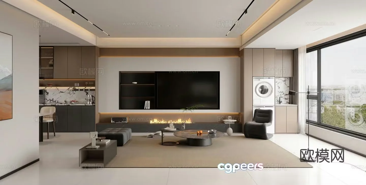 Modern living room TV background wall fireplace leisure chair side table corner table TV cabinet coffee table 3d model