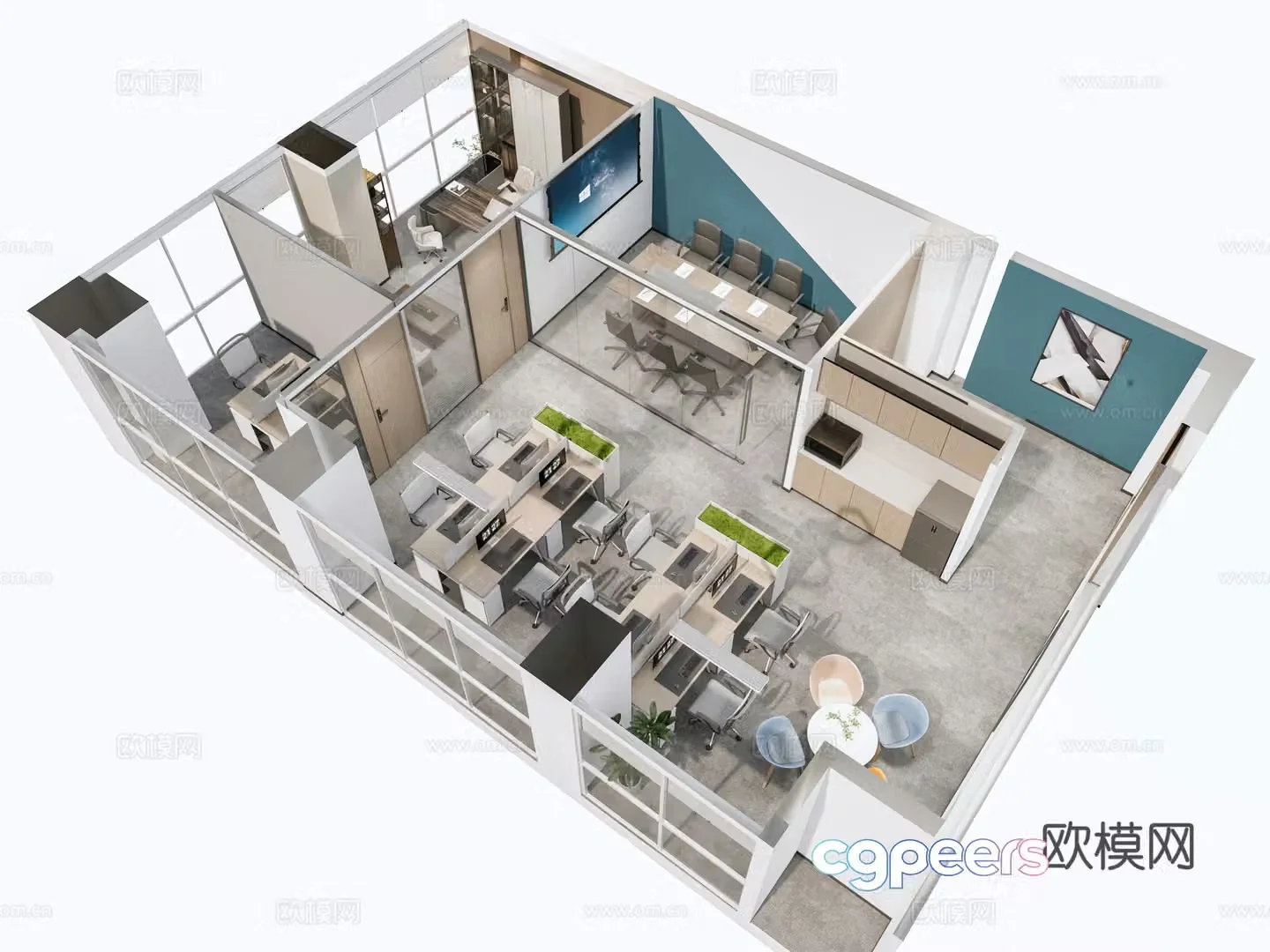 Modern office studio open office area manager office desk conference table 3d model