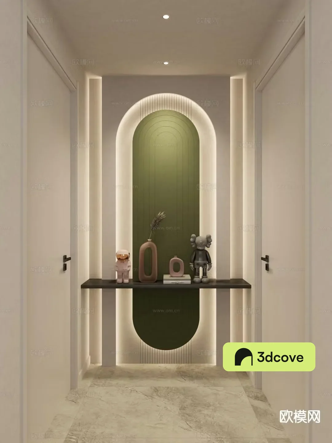 Cream style entrance suspended end view corridor end view