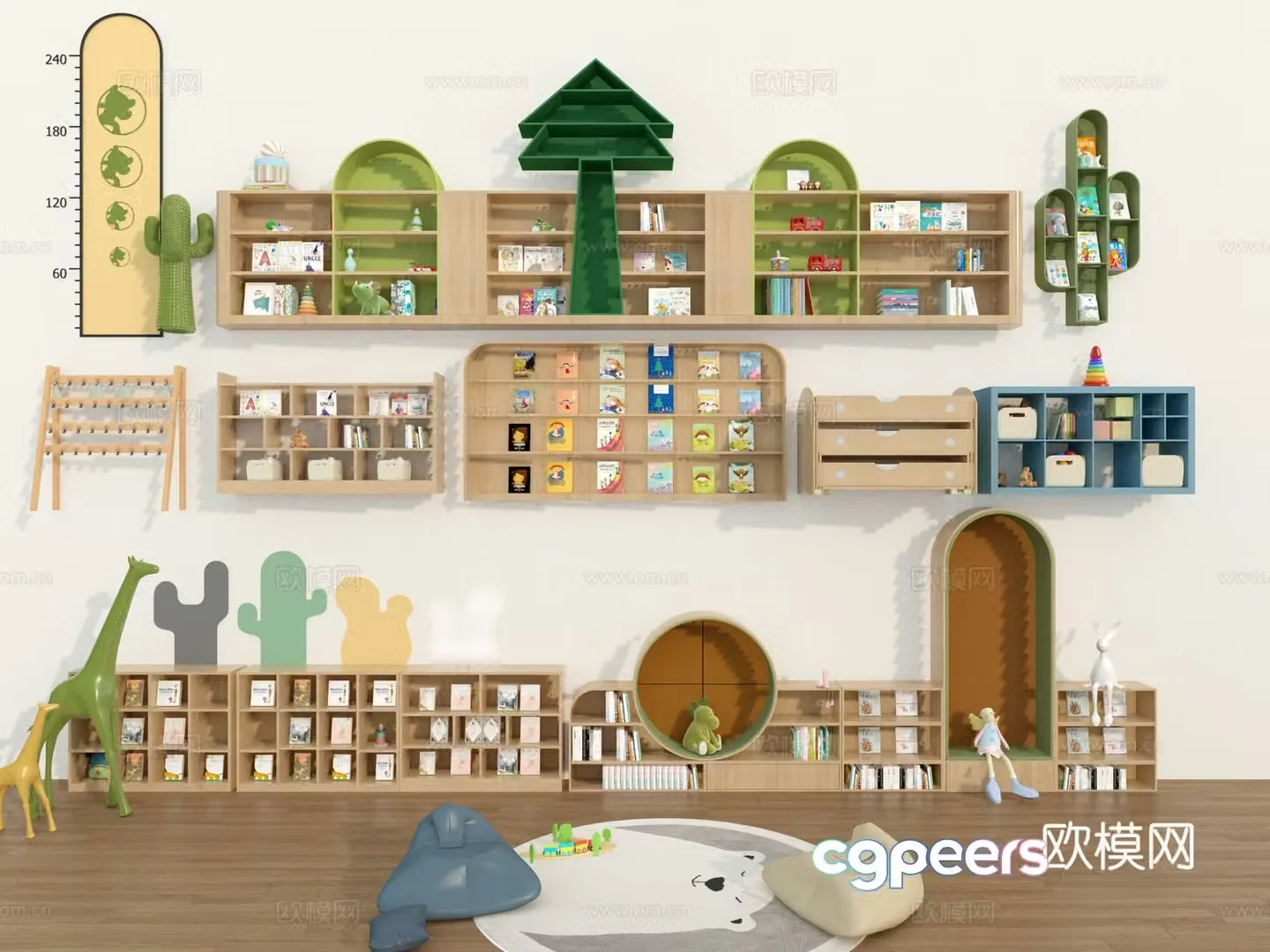 Modern bookshelf kindergarten bookcase towel rack school bag cabinet 3D model