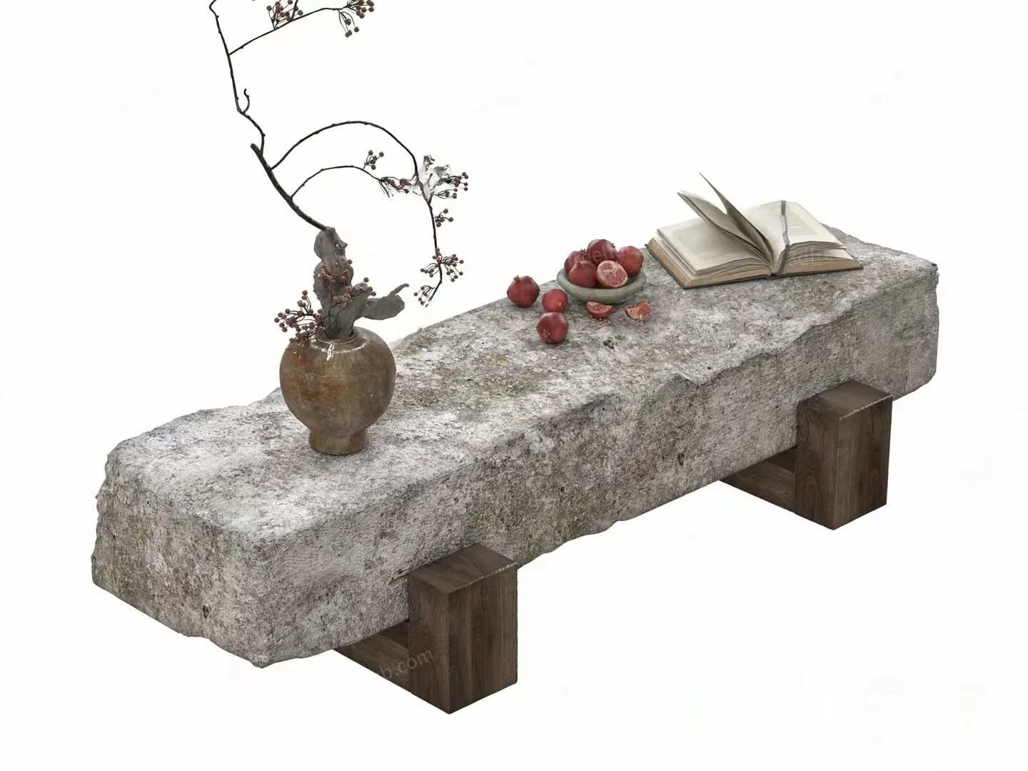 A Stone Bench With A Wooden Base 3D Model – 20567 – VRAY Render