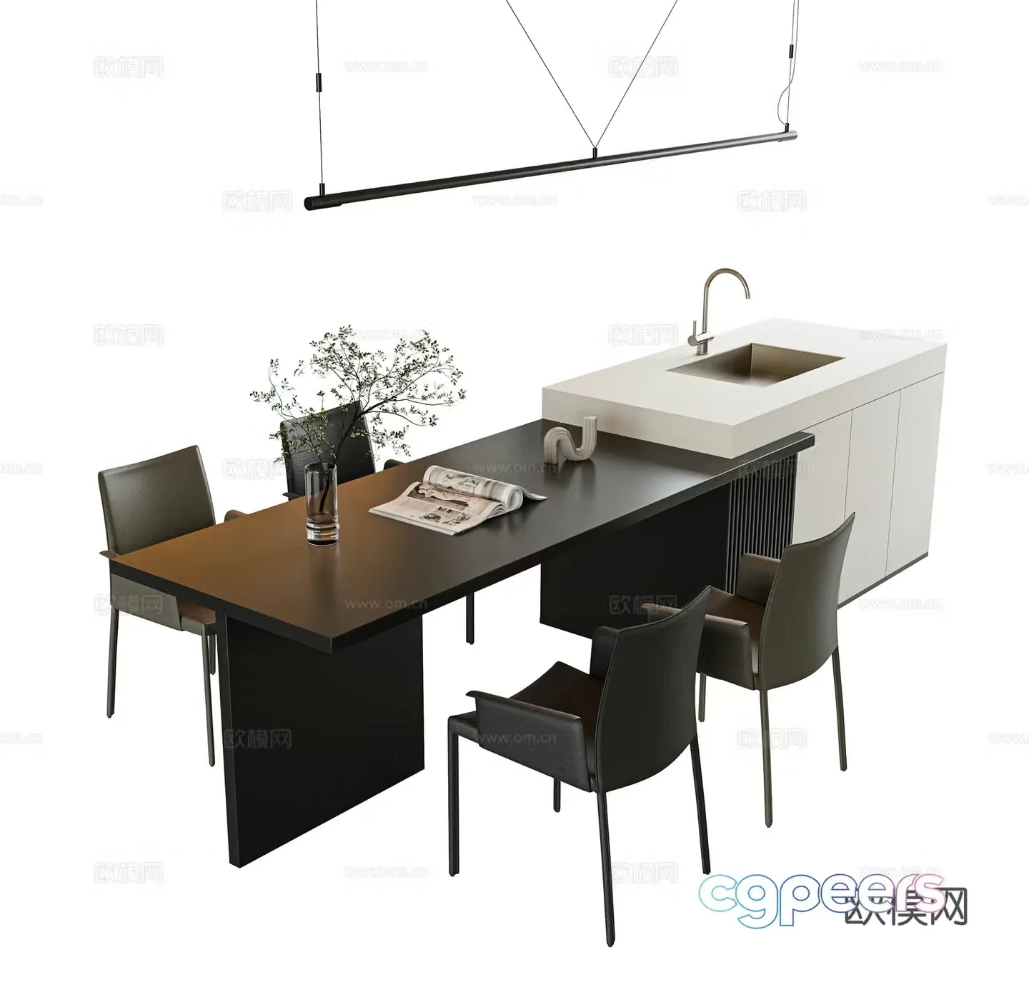 Island dining table and chair combination Island dining table leather dining chair single chair book chair metal chandeliers long 3D model