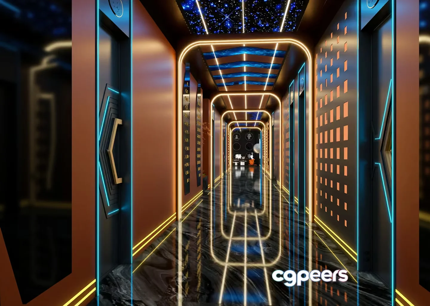 A Futuristic Hallway With Neon Lights 3D Model – 6929 – VRAY Render