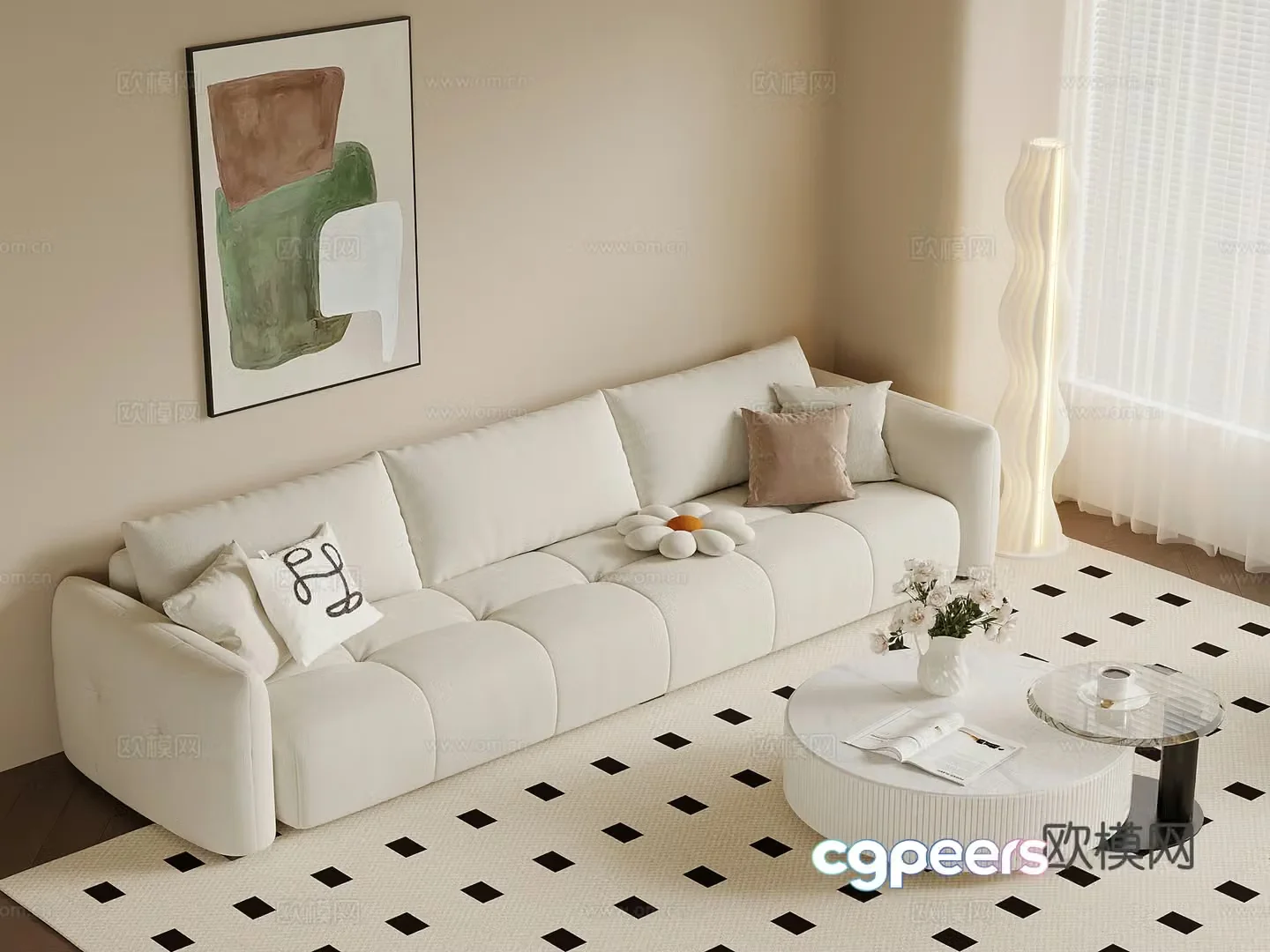 Cream style multi-person sofa fabric sofa coffee table hanging painting floor lamp 3d model