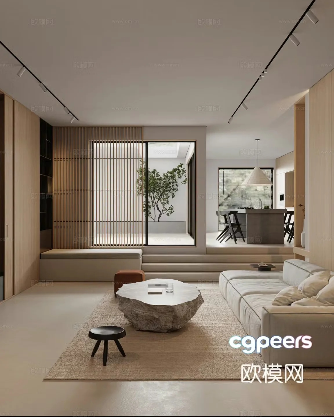 Log minimalist living and dining room 3D model
