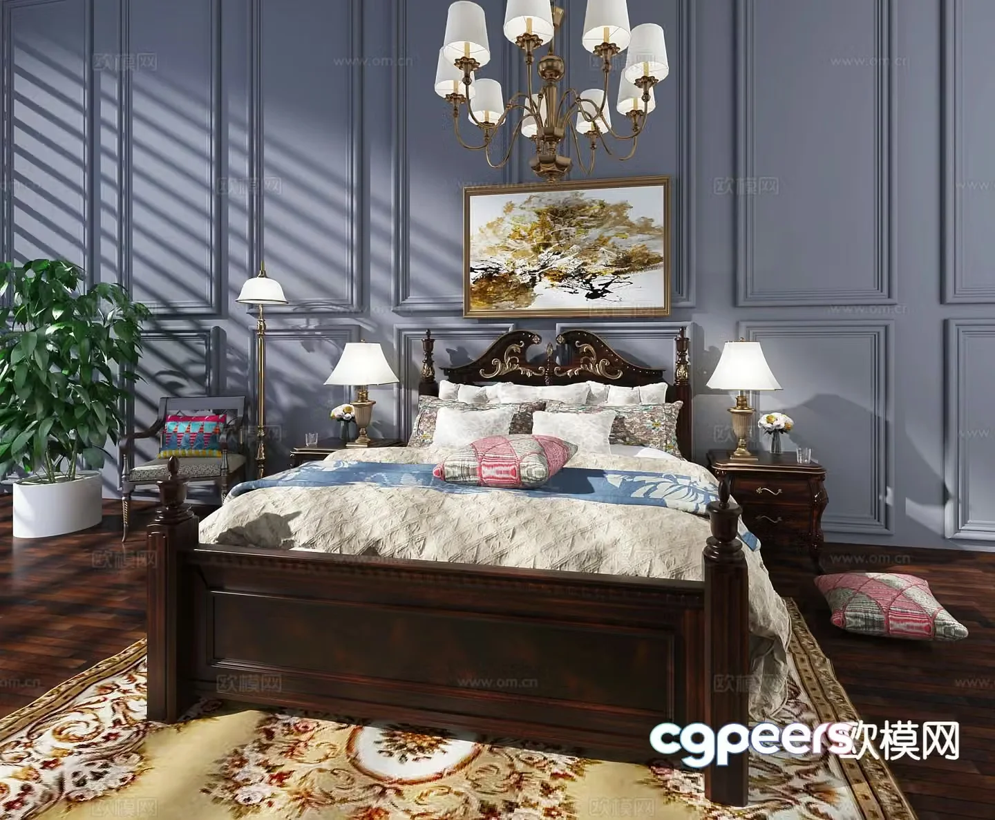 European wooden bed double bed 3d model
