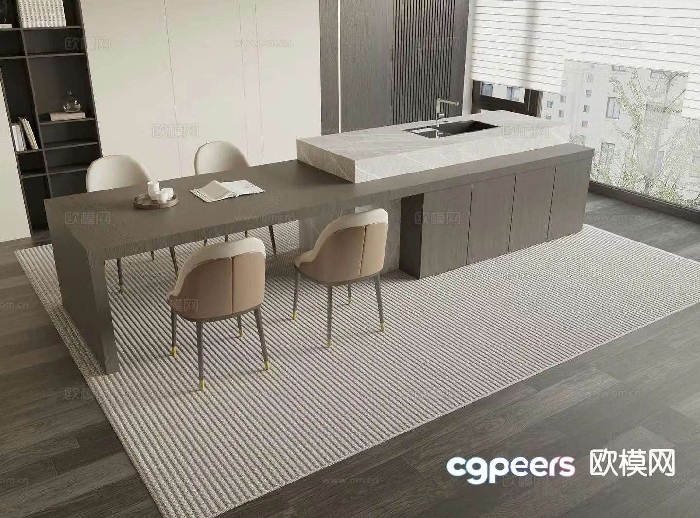 Modern island table dining table and chairs 3d model