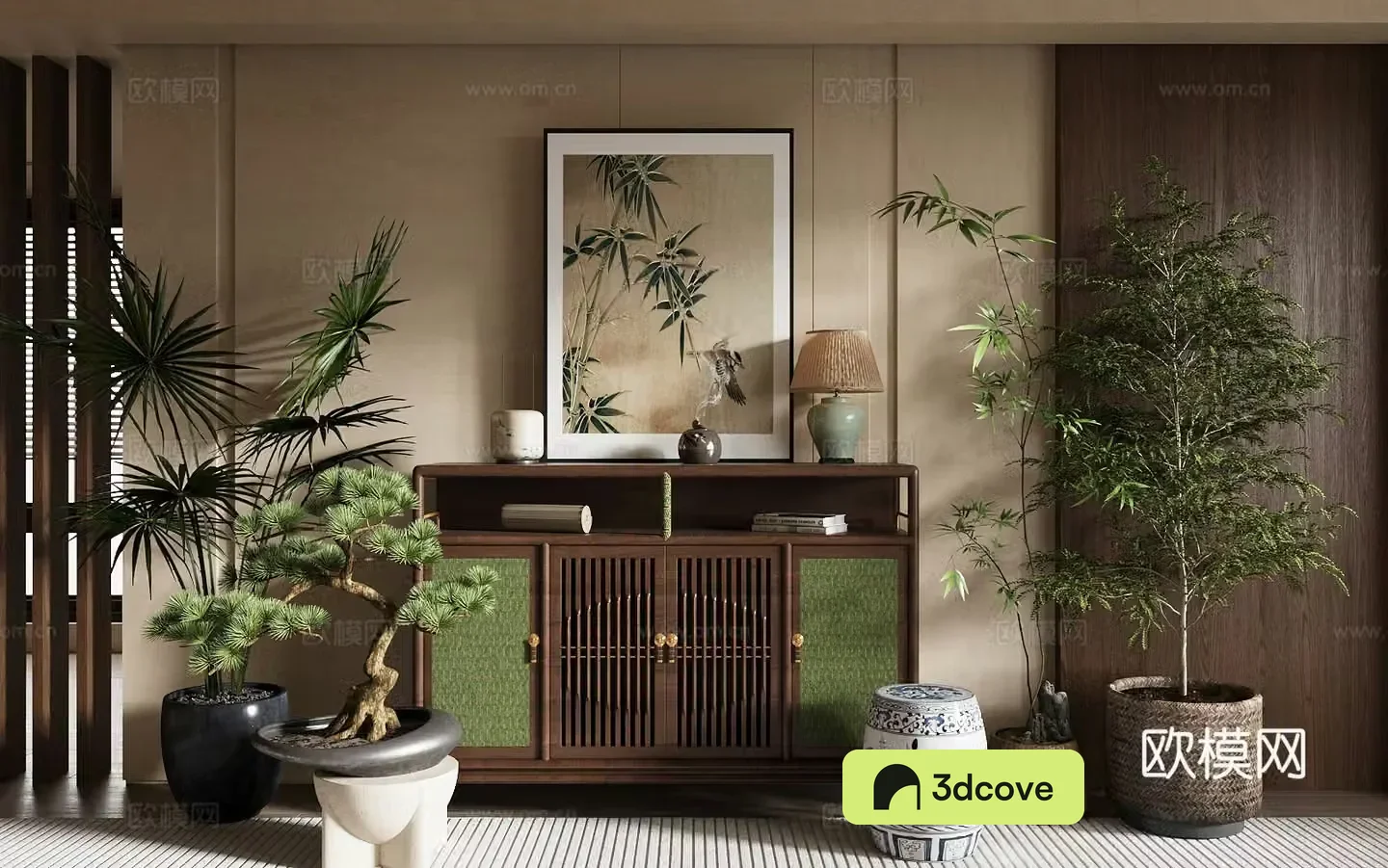 New Chinese style chest of drawers side cabinets ornaments combinations floral green plants Chinese style hanging paintings Chinese style decorative cabinets