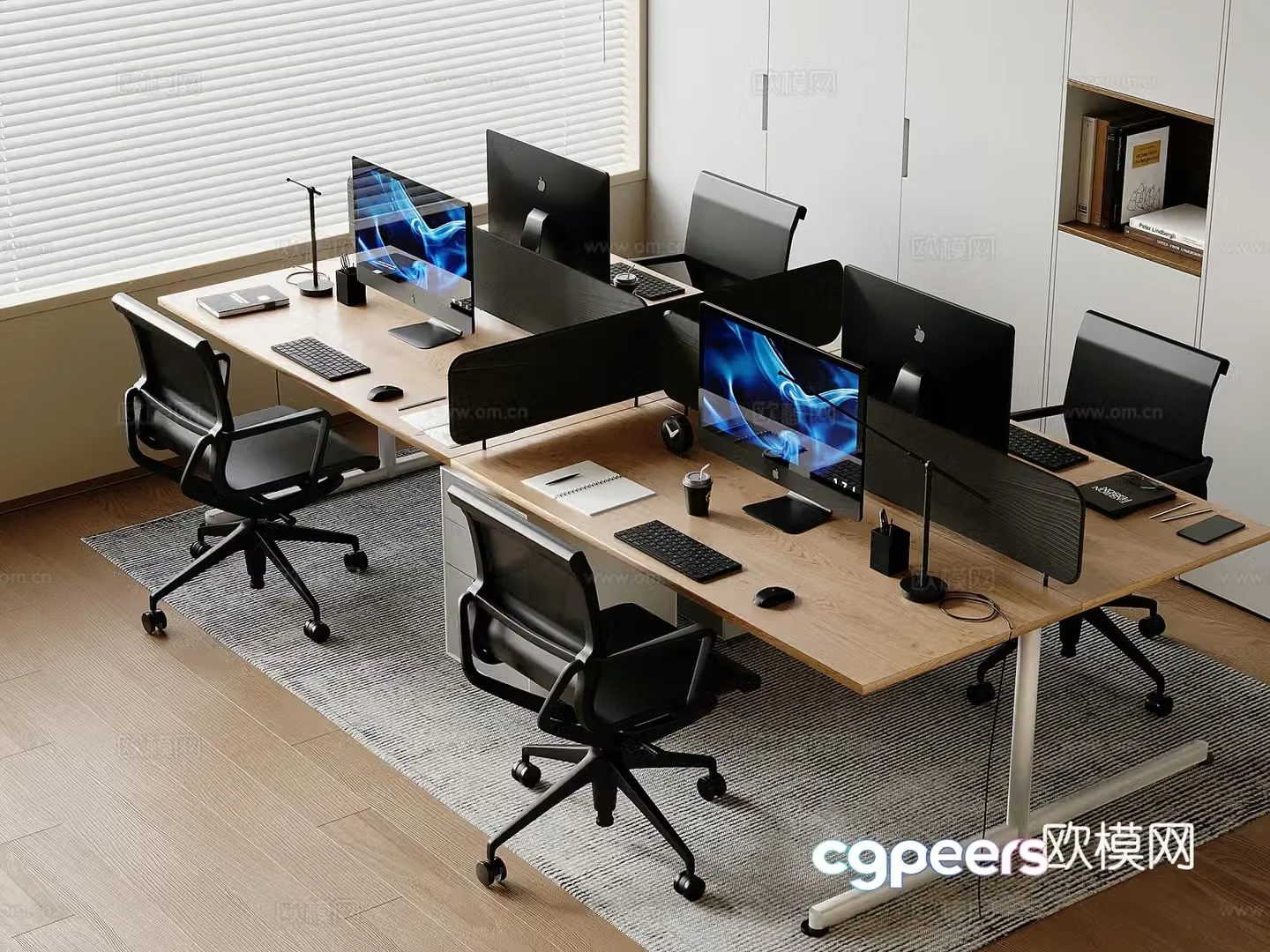 Solid wood desk rotating chair Apple desktop computer Mouse and keyboard minimalist desk lamp 3D model