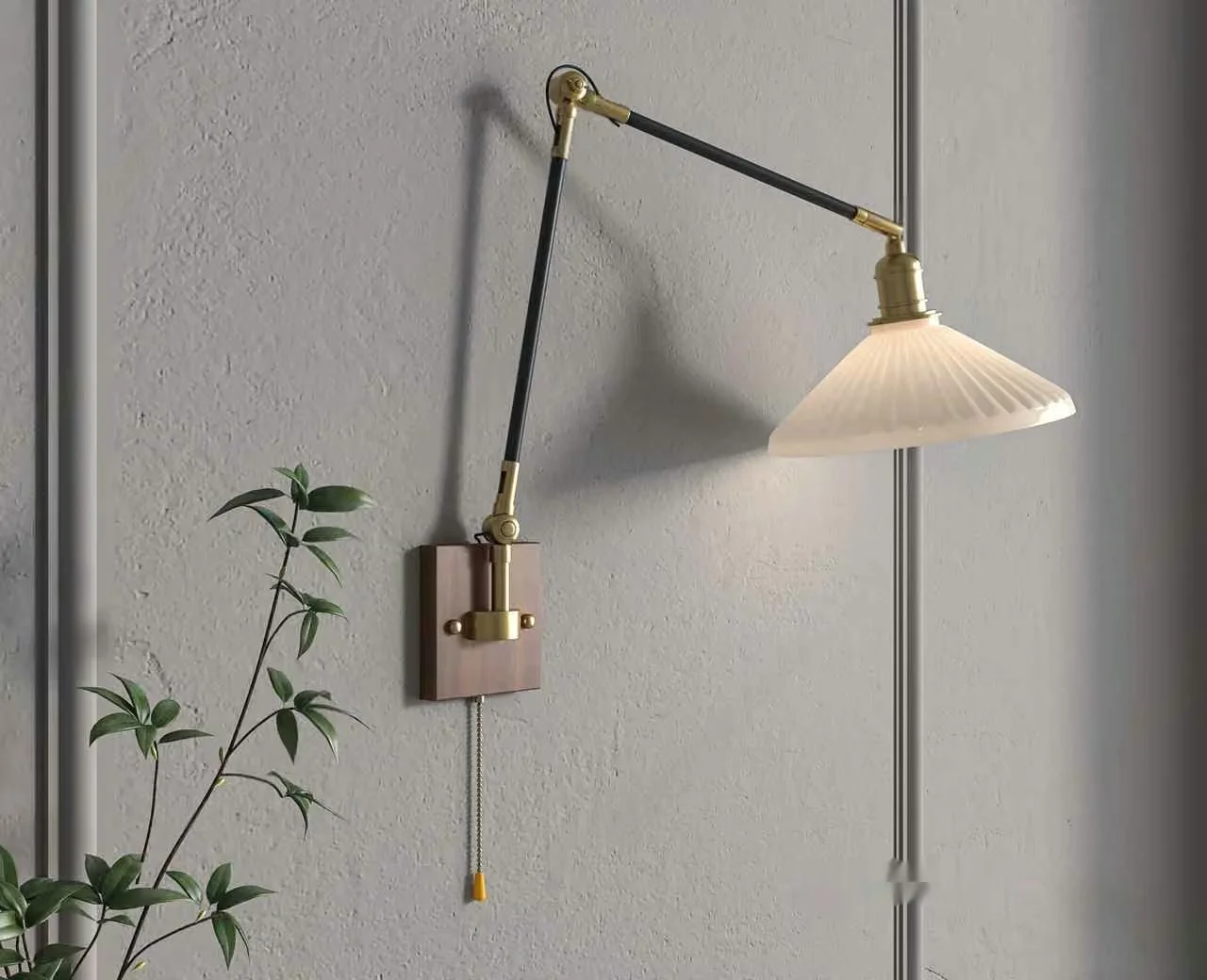 A Wall-Mounted Lamp With A White Shade And Gold Accents 3D Model – 10063 – VRAY Render