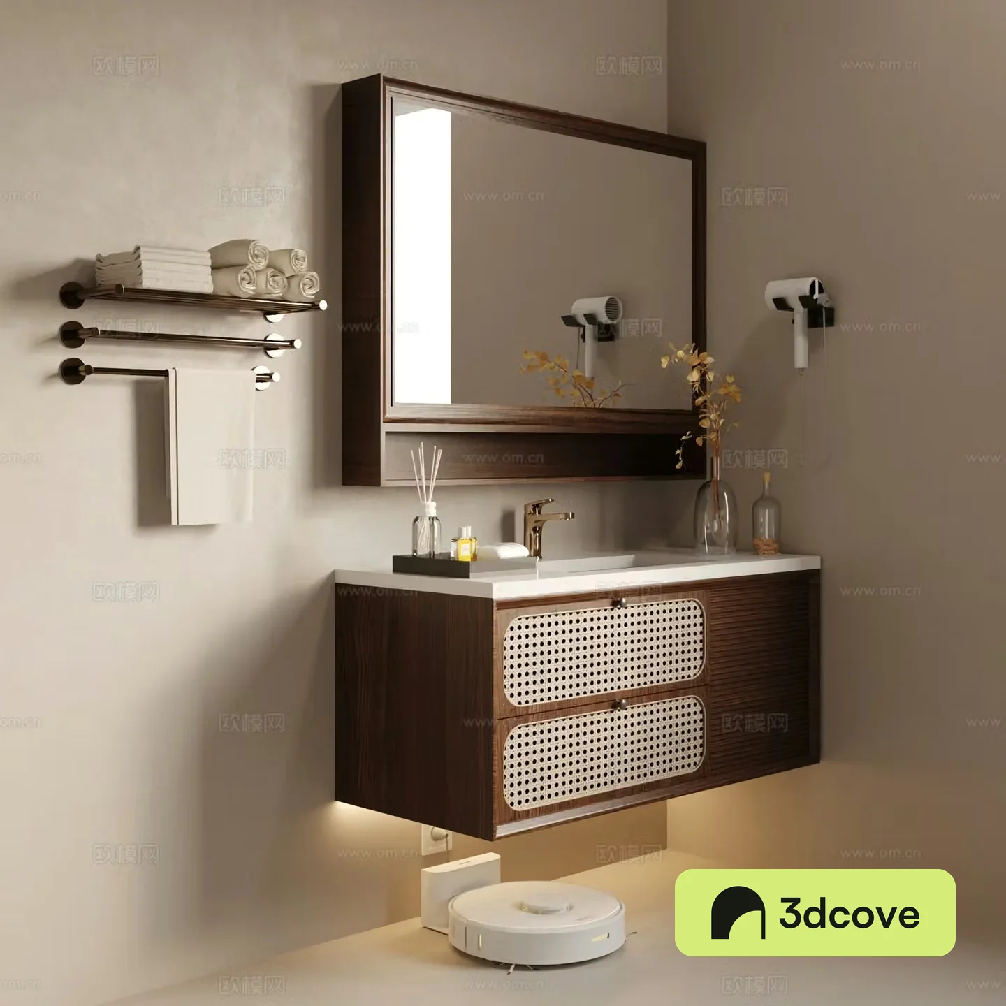 Middle-aged bathroom cabinet towel rack hair dryer 3d model