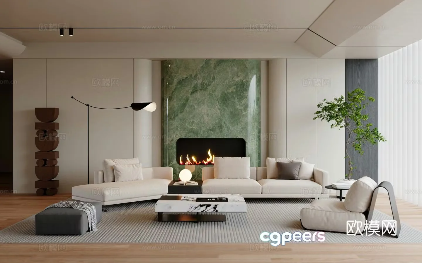 Modern living room sofa coffee table combination floor lamp fireplace 3D model