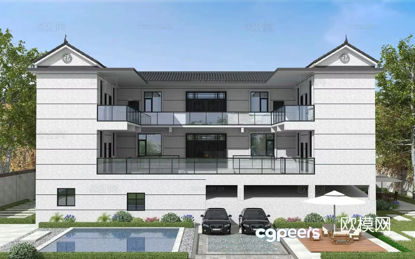 New Chinese style townhouse single-family villa appearance 3D model