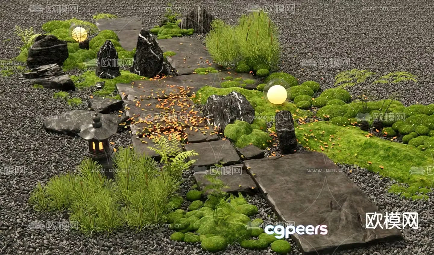 Japanese bluestone slab landscape steps garden road paving 3D model