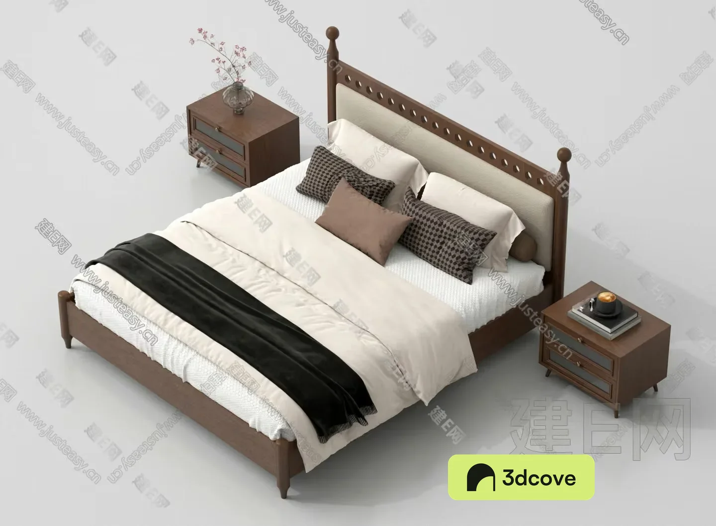 A Wooden Bed With A White Comforter
