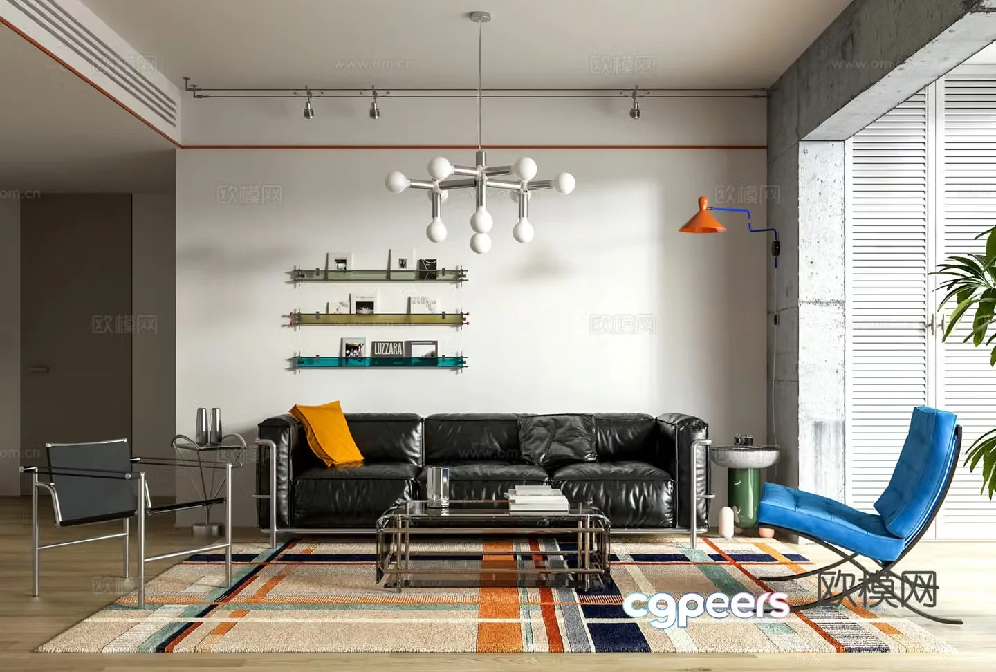 Bauhaus style living room Bauhaus sofa sofa coffee table combination chandelier Barcelona chair 3D model