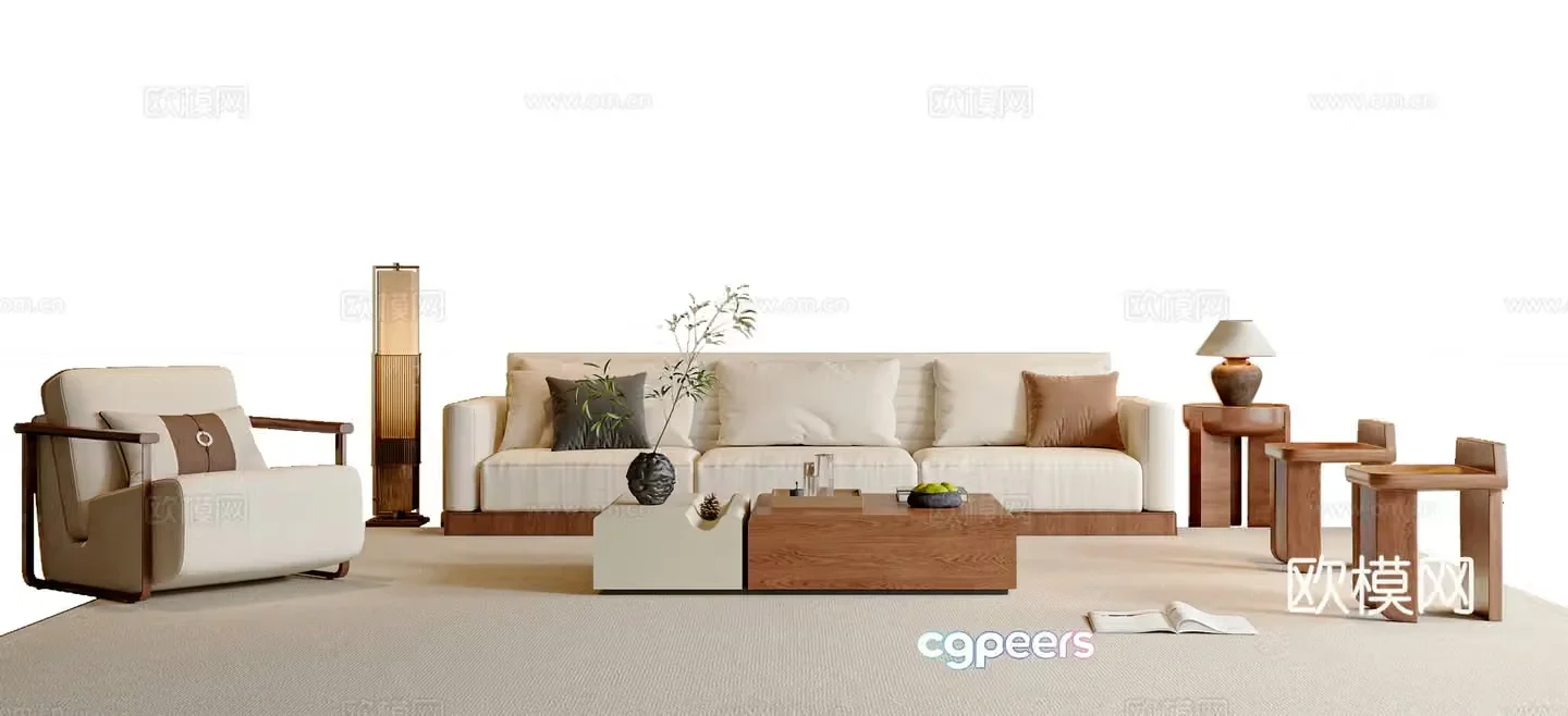 New Chinese Song style sofa coffee table combination leisure chair punzi floor lamp table lamp 3d model